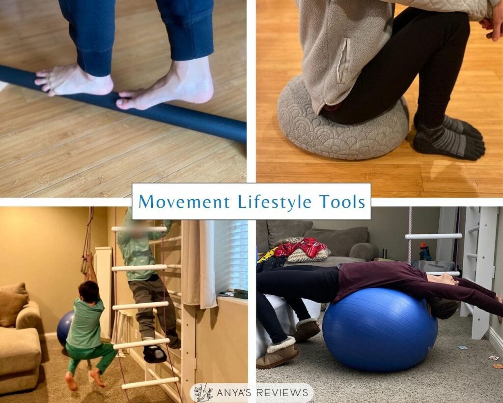 a collage of 4 movement lifestyle tools - a balance beam, an indoor jungle gym, a floor cushion, and an exercise ball with Anya's Reviews on it