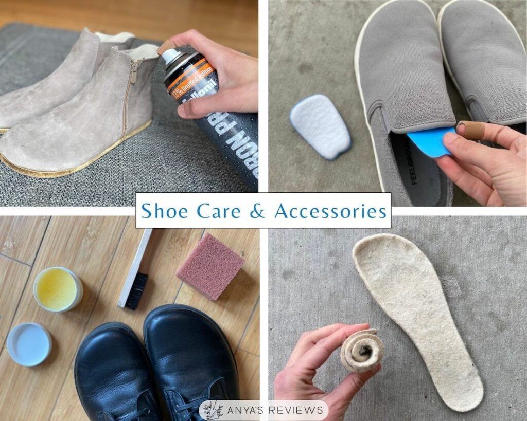 a collage of 4 barefoot shoe care and accessories - waterproofing spray, leather conditioner, wool insoles, and tongue pads