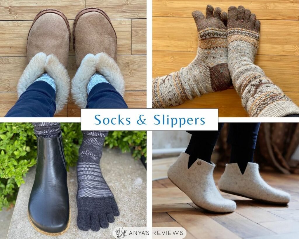 a collage of 4 barefoot slippers and foot friendly sock options