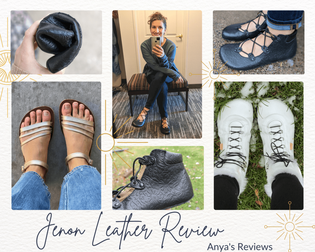 Jenon Leather Review Collage featuring various photos of zero drop custom handmade barefoot shoes from the Czech Republic by Anya's Reviews