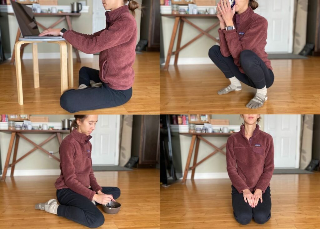 A collage of four different ways to sit on the floor to improve your hip mobility and strength and your foot function