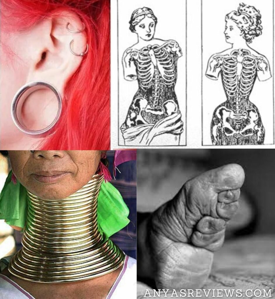 A graphic showing the different ways we modify our bodies by binding or stretching it - via ear gauges, neck rings, corsets, and foot binding