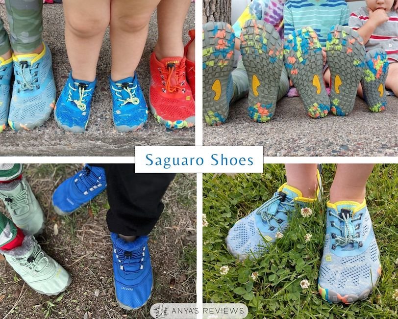 a collage of four different affordable kids barefoot shoes from Saguaro Shoes