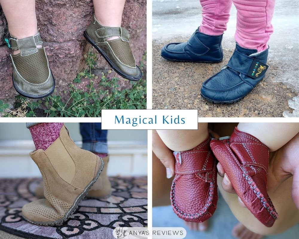 A collage of four different barefoot kids shoes from Magical shoes in baby sizes up to big kid sizes