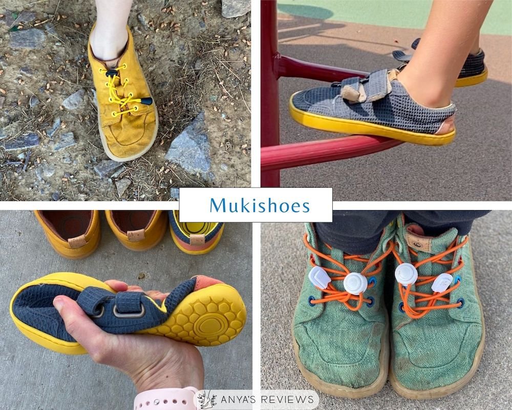 A collage of 4 different models of barefoot kids shoes from Mukishoes, showing their pretty colors, flexible soles, and foot shaped toe box.