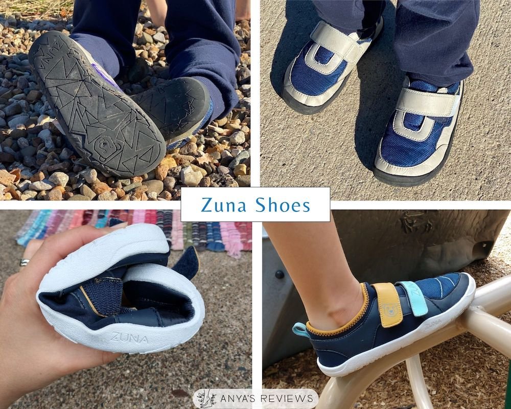 a collage of 4 different Zuna kids barefoot shoes showing their foot shape and flexible soles