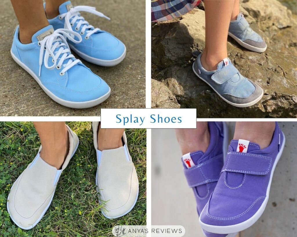 A collage of four different barefoot kids shoes from Splay shoes in baby sizes up to big kid sizes