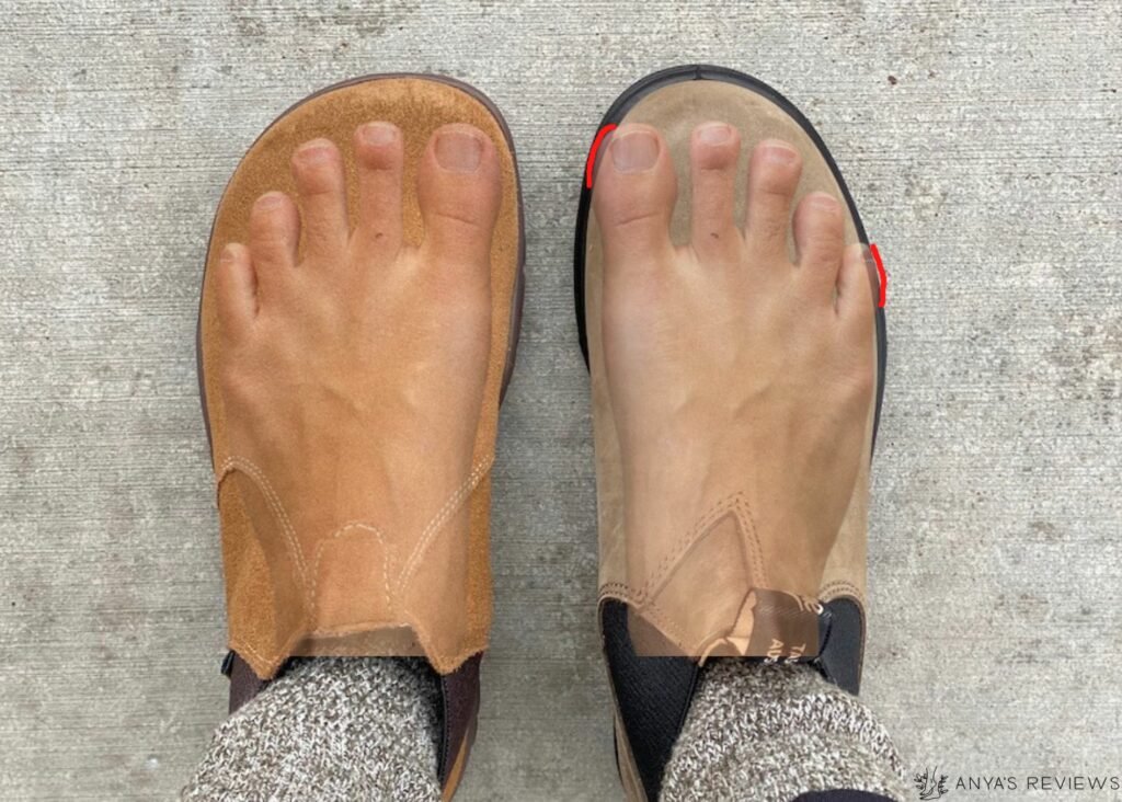 a top down view of a pair of feet - left foot is wearing Lems Chelsea barefoot boot in Cedar with a bare foot super imposed to show the entire foot fits inside the shoe, right foot is wearing Blundstones chelsea with a bare foot superimposed over the top to show it does not fit inside the toe box