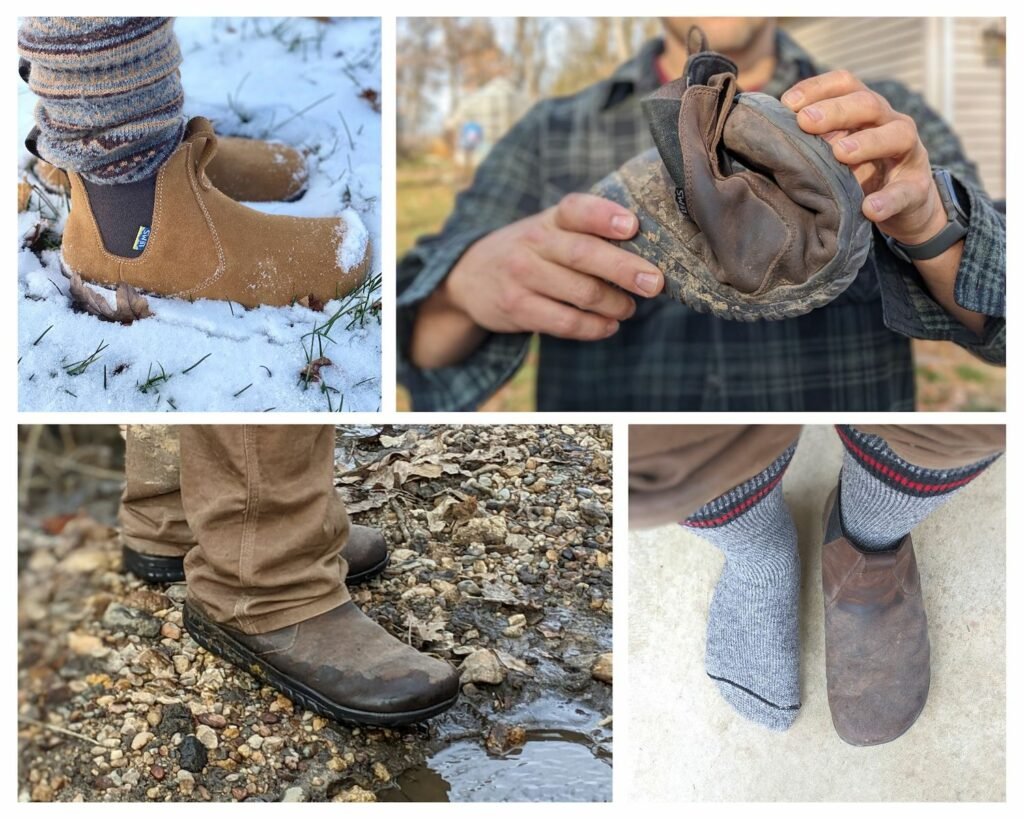 A collage of the Lems Chelsea barefoot boot waterproof modeled outside in mud, dirt, and snow, showing it's flexibility and natural foot shape