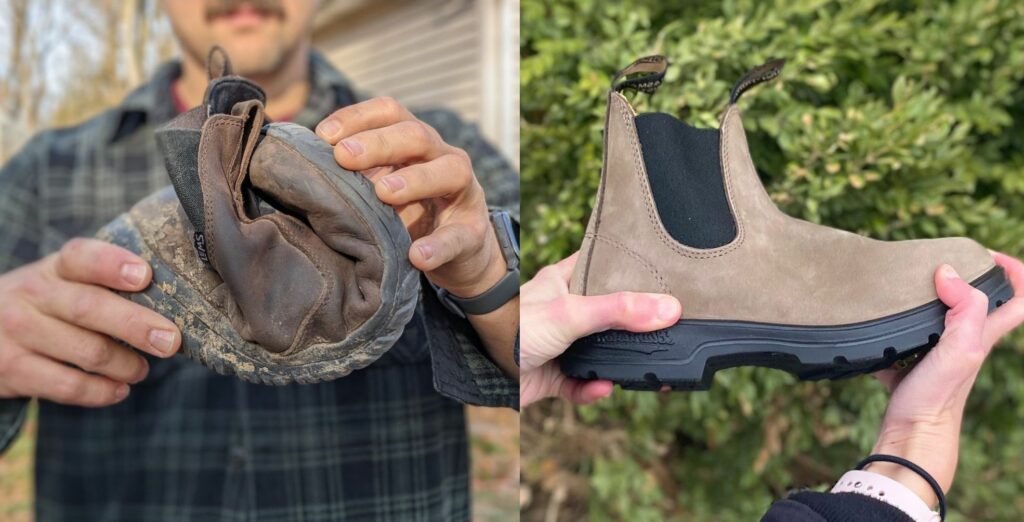 A side by side comparison showing the flexibility of Lems Chelsea boots on the left, a hand is folding them up into a ball, and on the right Blundstones Chelsea boots are very stiff and can't bend