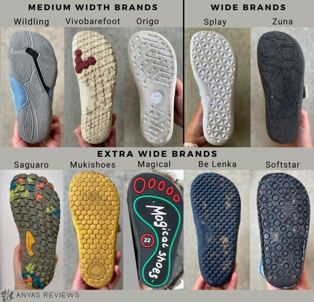 the 10 best barefoot kids shoe brand organized from narrowest to widest in a collage showing the outsoles of the shoes - wildling, vivobarefoot, origo, splay, zuna, saguaro, mukishoes, magical shoes, be lenka, and softstar