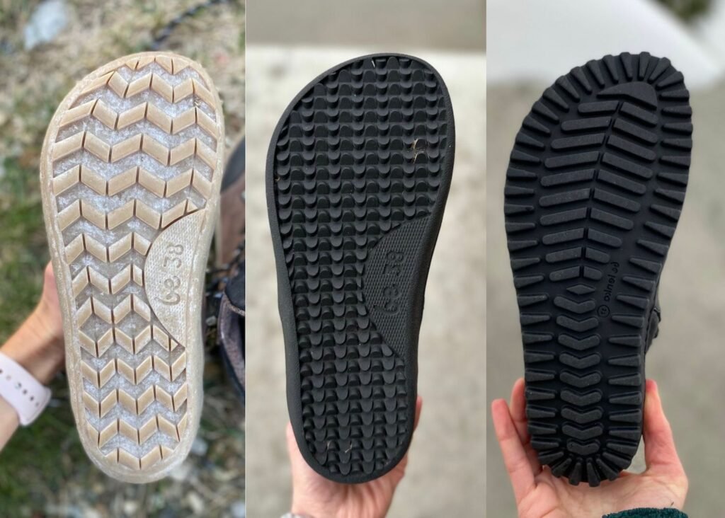 A close up of the Be Lenka barefoot boot outsole shapes and materials