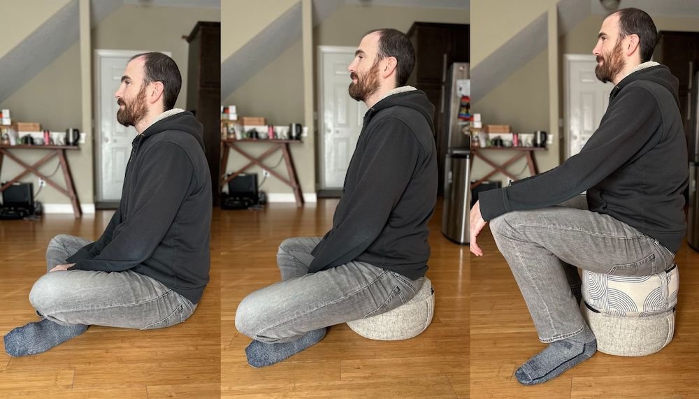 A collage of a man sitting on the floor cross legged, and then on a single Venn Design floor cushion with a straighter back, and then on two stacked Venn Design Floor Cushions