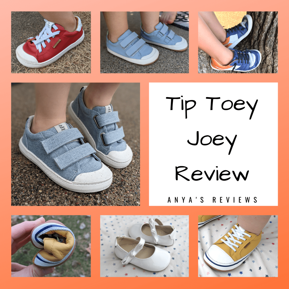 Cover collage for Tip Toey Joey barefoot shoe review from Anya's Reviews blog showing a variety of TTJ healthy footwear for kids of all ages