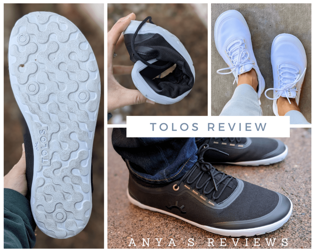 Collage featuring different close ups of Tolos athletic casual performance barefoot shoes with the text box reading Tolos Review Anya's Reviews