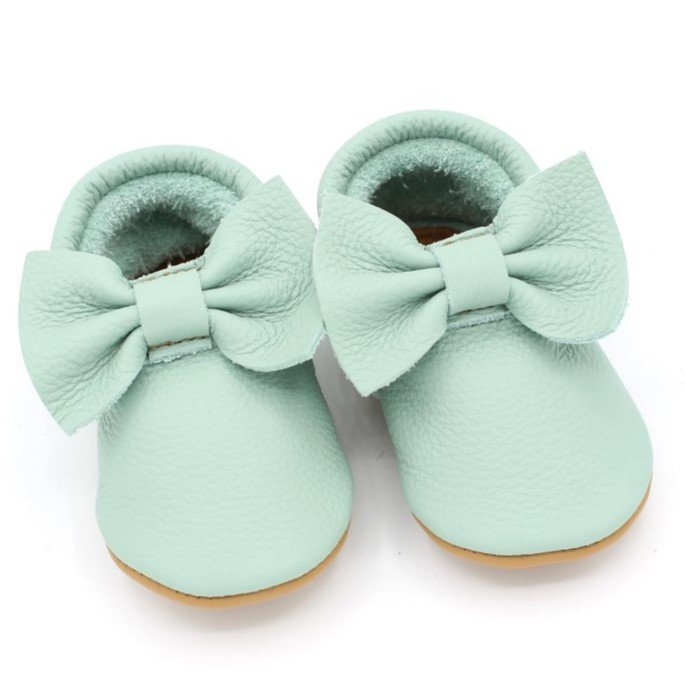 Robins egg blue handmade leather Bow detail Baby moccasins from Canada