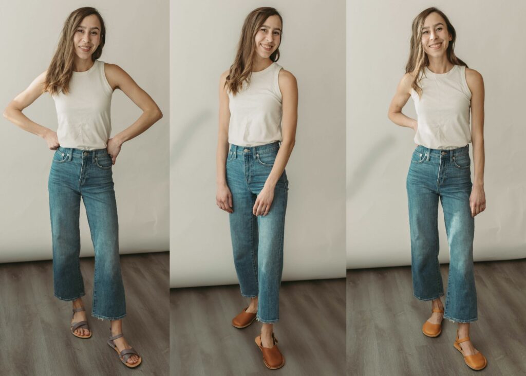 A collage of a woman wearing a white tee with jeans and 3 different Crupon barefoot Sandals styles - Febo Cross in Iris, Cuomo in Ambra, and Trevi in Mustard