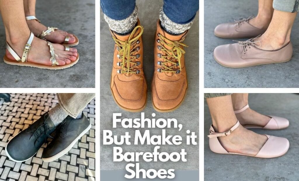 Collage Cover photo showing many barefoot stylish shoes with the text "Fashion, But Make It Barefoot Shoes"