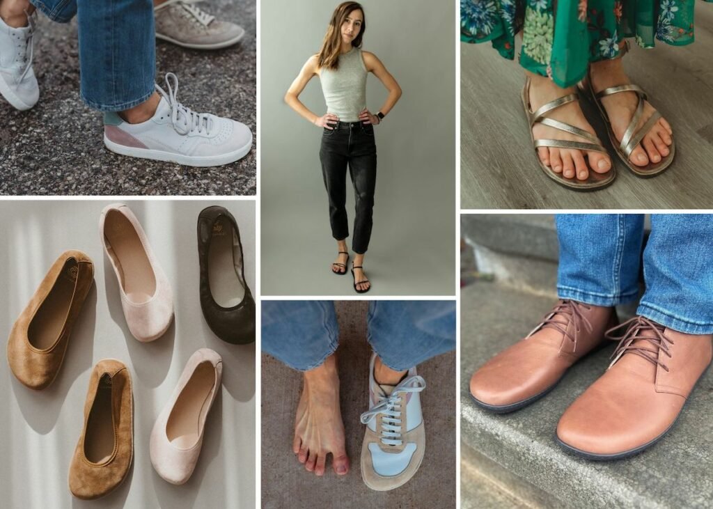 A collage of pretty barefoot shoes from the Groundies spring 2023 collection, featuring barefoot ballet flats, sandals, sneakers, and dress shoes.