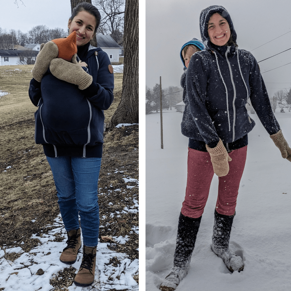 2 photo collage of the same woman wearing a baby in cold weather and RealFoot Farmer Boots, extra wide toe box super flexible boots for fan shaped feet