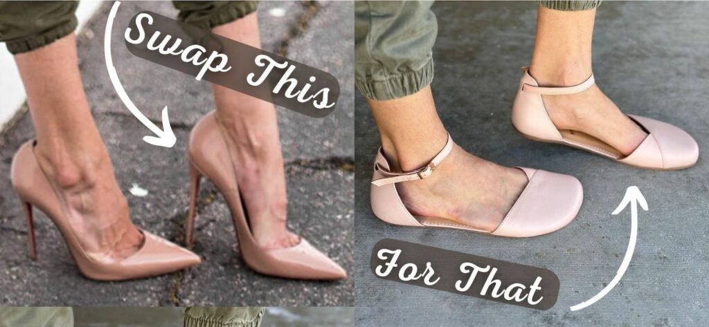 Side by side collage with Swap This text with an arrow pointing to a close up of a person's feet in very high heels