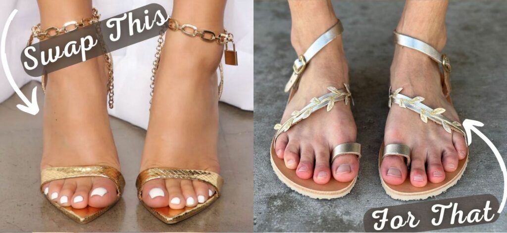 Side by side comparison collage of fancy gold sandals. The left image shows squished toe gold high heels and Swap This text with an arrow. The right image shows Grecian Sandals in gold leather with leaf detail and For That with an arrow. Grecian Sandals have a wide shape zero drop flexible outsole for all day comfort and bunion prevention