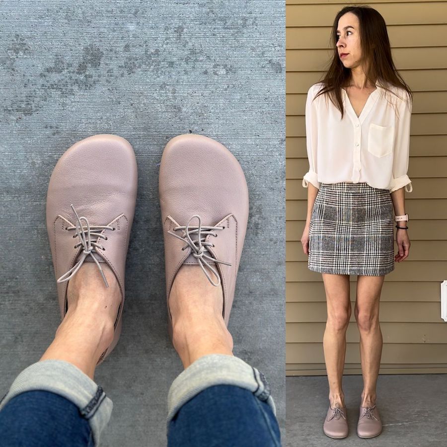 Spring Women's Oxford Fashion Inspiration collage showing a full length photo on the right of a woman in a white button down blouse and grey plaid mini skirt. Her feet are wearing Origo Derby women's barefoot oxfords with wide toe box for bunion prevention. on the left is a top down close up of The Derby barefoot shoes by Origo