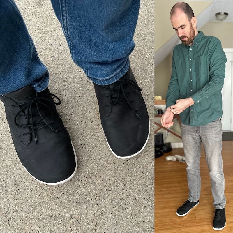 Spring Men's Fashion inspiration collage showing a top down view of Xero Shoes Glenn lace up barefoot dress shoes on the left, and on the right a tall man in grey jeans and green button down paired with Xero Shoes Barefoot Glenn lace ups