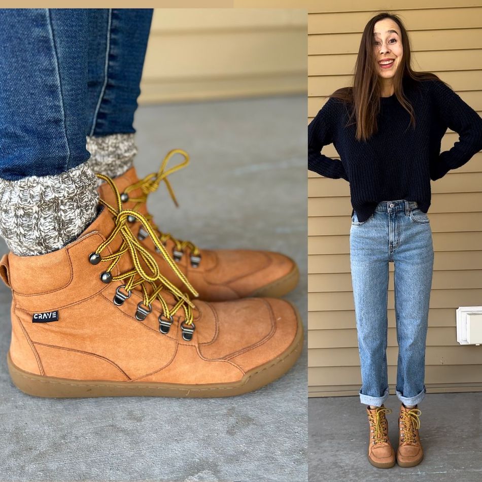 Spring Fashion inspiration with Crave Glasgow in Cognac leather and yellow laces. The right photo shows a full length fashion pic of a woman in cuffed jeans, a black sweater, and work boot style barefoot Crave Glasgow. The left shows a close up side view of Crave Glasgow work boot alternative with flat zero drop flexible outsole