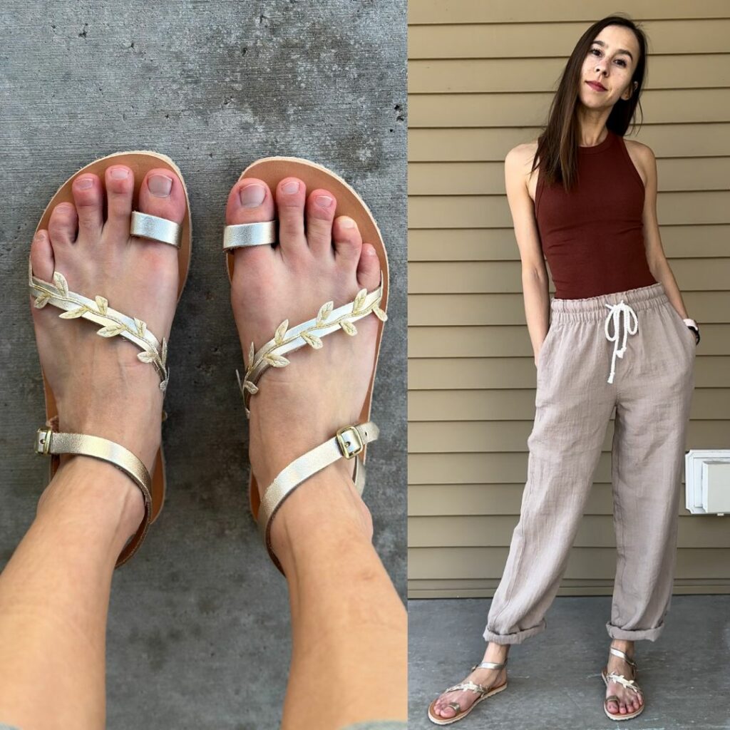 Spring 2023 Sandal Fashion inspiration collage. On the right is a full length photo of a woman with her hands in the pockets of her linen pockets and a high necked brown tank top. She is wearing gold leafy detailed Grecian handmade barefoot strappy sandals. On the left is a top down close up of the toe loop and other details on Grecian Sandals barefoot zero drop footwear