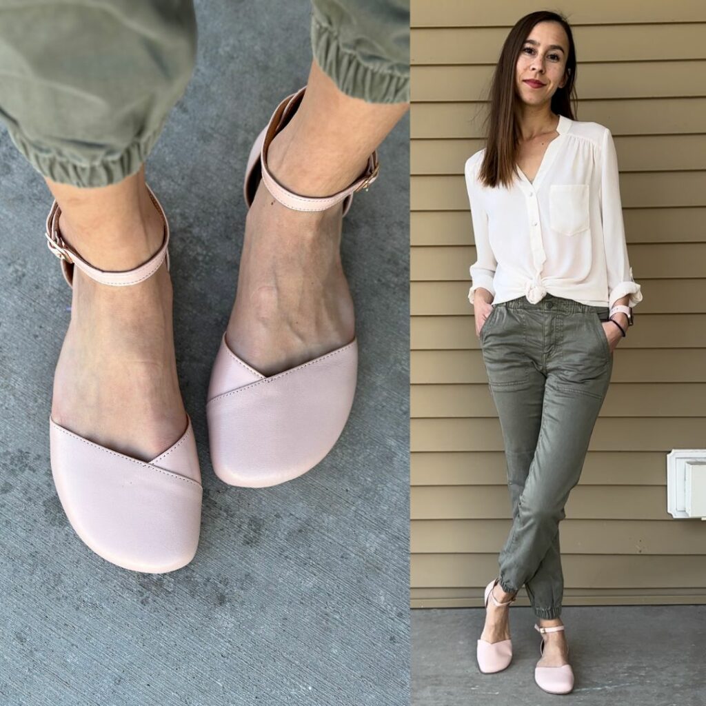 Spring Fashion inspiration photo featuring Shapen Poppy in light petal pink, a very dress barefoot women's shoe that won't cause bunions. The left is a close up top down view of the wide toe box on Shapen Poppy, and the right is a full length fashion photo of a woman with long brown hair wearing green joggers, Shapen Poppy in pink, and a white button up blouse knotted at her waist