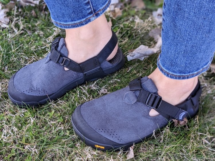 Bedrock Mountain Clogs close up front angled view on a higher volume feet, you can see the secure webbing straps and wide toe box with rubber toe cap protection