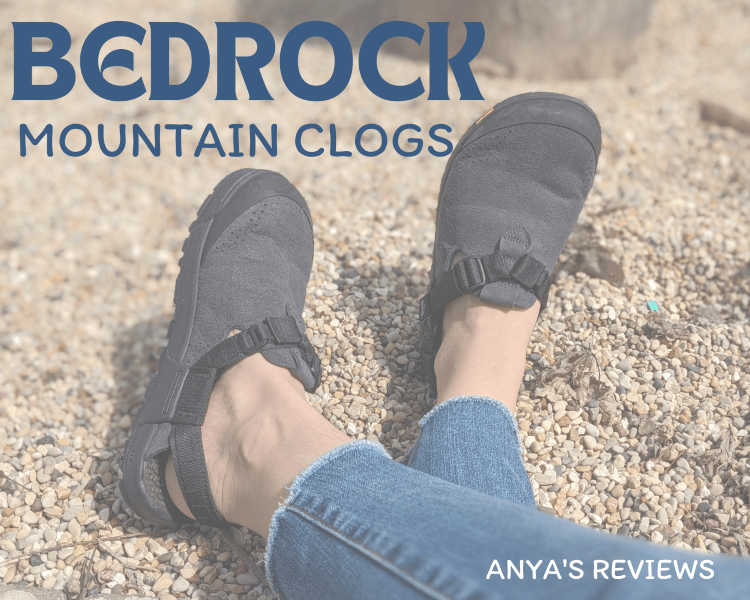 Slightly faded background photo of a pair of Bedrock Clogs against rocks with the words Bedrock Mountain Clogs overlaid in the top left and Anya's Review in the bottom right