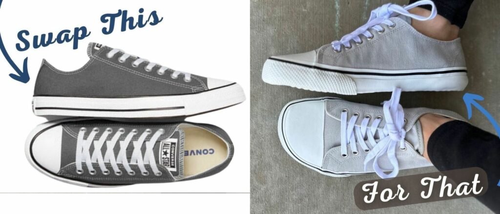 Side by Side collage showing popular Converse narrow toed sneakers with swap this next to Wide toe boxed comfortable Bohempia Herlik classic rubber capped sneakers on zero drop sole