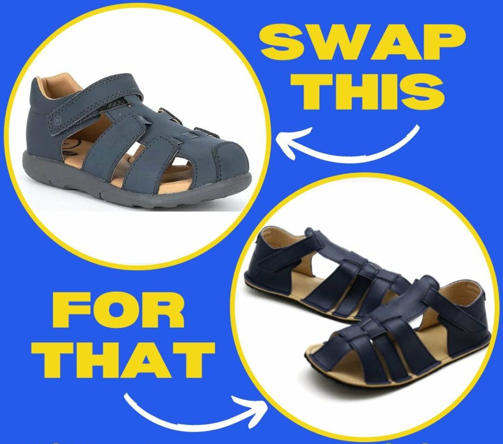 A graphic of kids summer barefoot shoes with the text Swap This (Fisherman Sandals), For That (Zeazoo Kids Barefoot Sandals) Kids Summer Edition Anya's Reviews