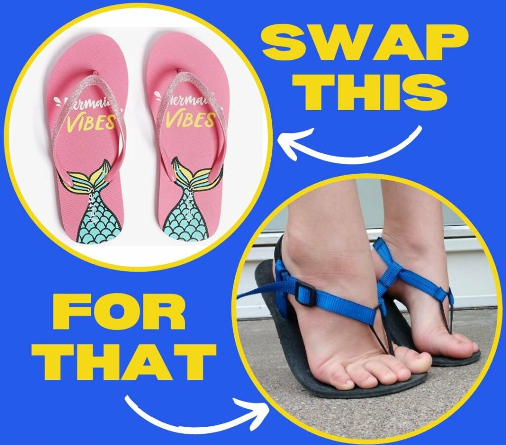 A graphic of kids summer barefoot shoes with the text Swap This (Flip Flops), For That (Unshoes Keota Barefoot Sandals) Kids Summer Edition Anya's Reviews