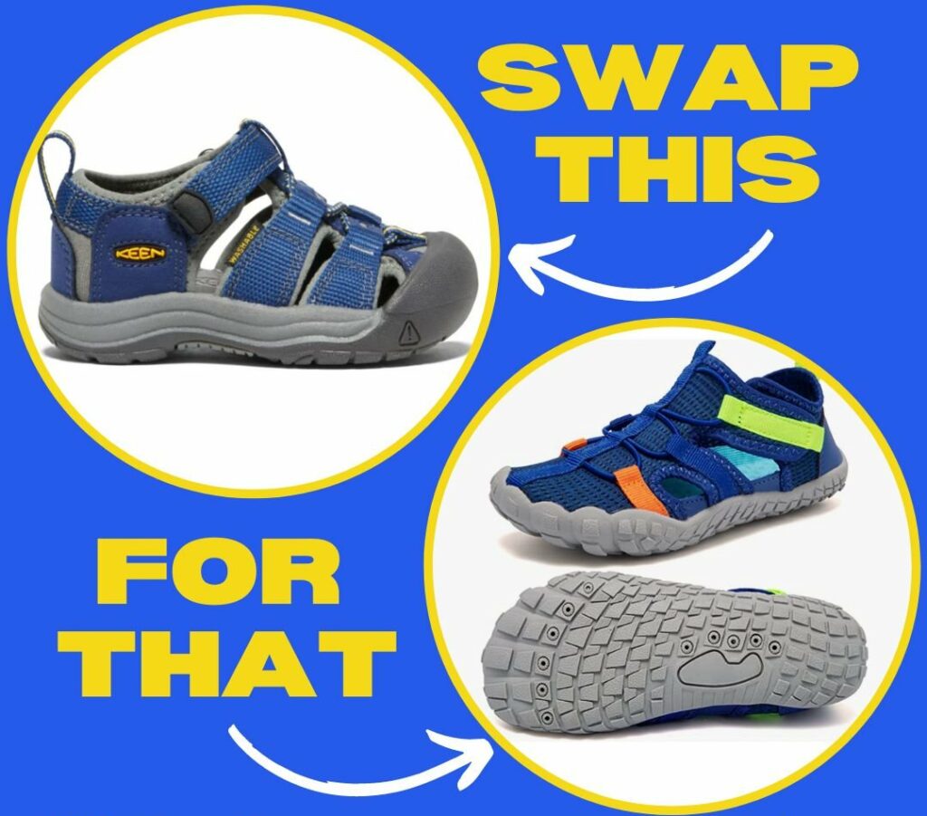 A graphic of kids summer barefoot shoes with the text Swap This (Keen Sandals), For That (Barefoot Water Sandals) Kids Summer Edition Anya's Reviews