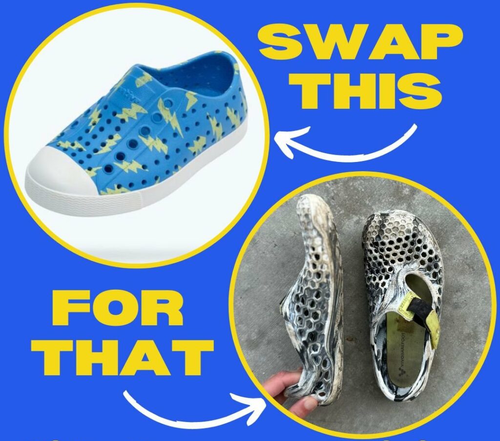 A graphic of kids summer barefoot shoes with the text Swap This (Natives), For That (Vivobarefoot Ultra Barefoot Sandals) Kids Summer Edition Anya's Reviews