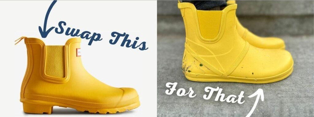 Two photo collage of Yellow rain boots. The left image shows Hunter ankle height boots with unnecessary heel. The right shows Xero Shoes Gracie sunny yellow rain boots with For That pointing at it. The Xero Grace has a no heel rise and a wide toe box