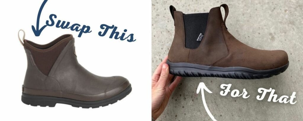 Side by side Collage of Short Muck boots on the left, with a Swap This arrow pointing at them. Right image shows barefoot muck boots from Lems Shoes featuring a flat outsole and wide toe box. The arrow pointing to Lems Chelsea boots reads For That