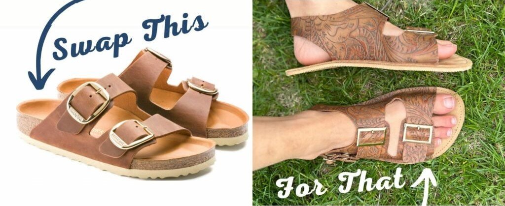 Two photo collage shows classic Birkenstock double buckle sandals next to Posh Panda double buckle soft flexible sandals on zero dop barefoot sole