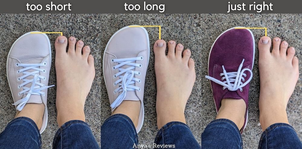 a comparison of the same feet trying on 3 different sizes of be lenka barefoot shoes - one is too small, one is just right, and the other is too big.