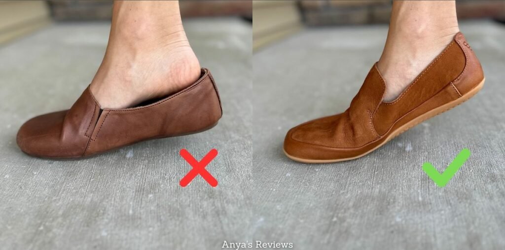 a side by side collage of a person's foot wearing a brown barefoot shoe loafer with the heel raised. In the first image the shoe is falling off the foot and insecure, a red X is under the shoe. In the second image the shoe is staying securely attached to the foot and underneath is a green check.