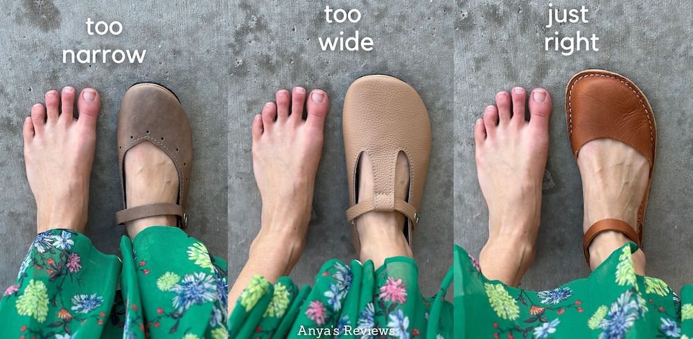 A collage of a woman trying on 3 different pairs of barefoot shoes. One is too narrow and small, the other is too wide, and the last is just right.