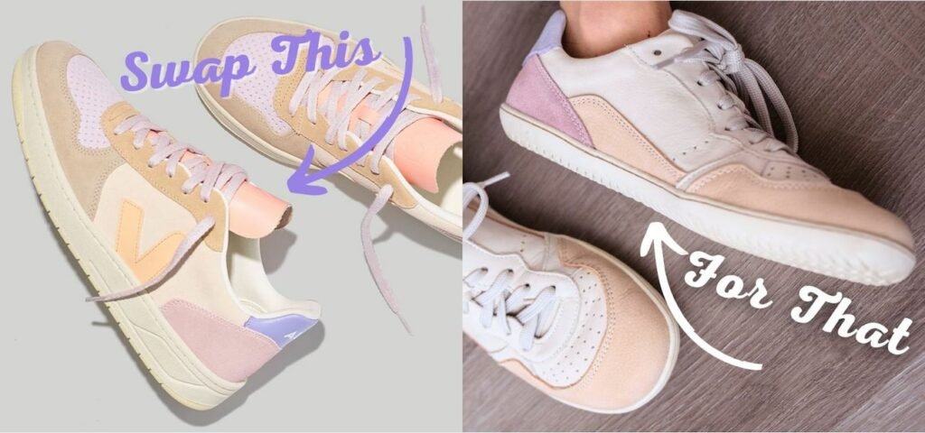 A collage showing a veja pastel sneaker with the text "swap this" above a Groundies Nova GO1 pastel barefoot sneaker with the text "for that" and "Anya's Reviews in the corner