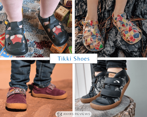 Four photo Collage with text in the middle that reads Tikki Shoes. The photos showcase sandals, low top sneakers, and high tops from Tikki Shoes, one of the best barefoot brands for kids