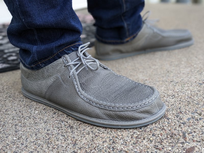 Close up angled view of the soft gray leather on Magical Shoes Cameron loafer oxford barefoot dress shoes for men and women