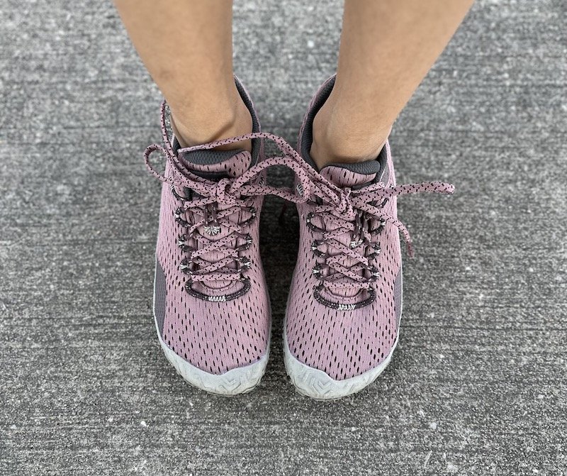 Top down close up view of Merrell Glove barefoot running shoes with anatomical toe box and zero drop flexible outsole