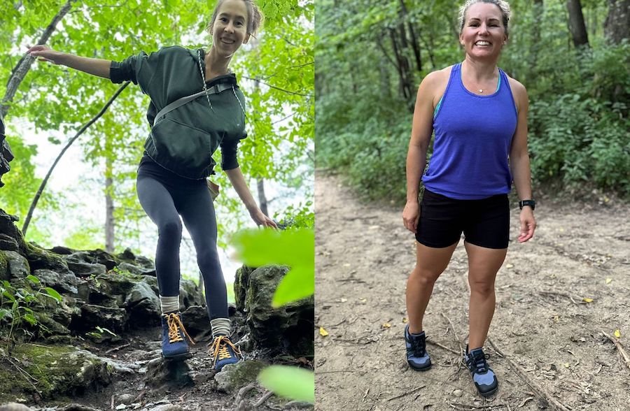 A collage of two women wearing Xero Shoes barefoot hiking boots and shoes out in nature