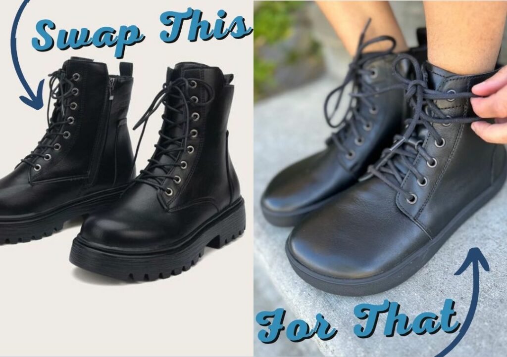 Side by side collage of classic black lace up combat boots. An arrow with text reading Swap This is pointing at them. On the right is text and an arrow saying For That pointing at Be Lenka Atlas, high quality barefoot black leather lace up boots with a side zipper